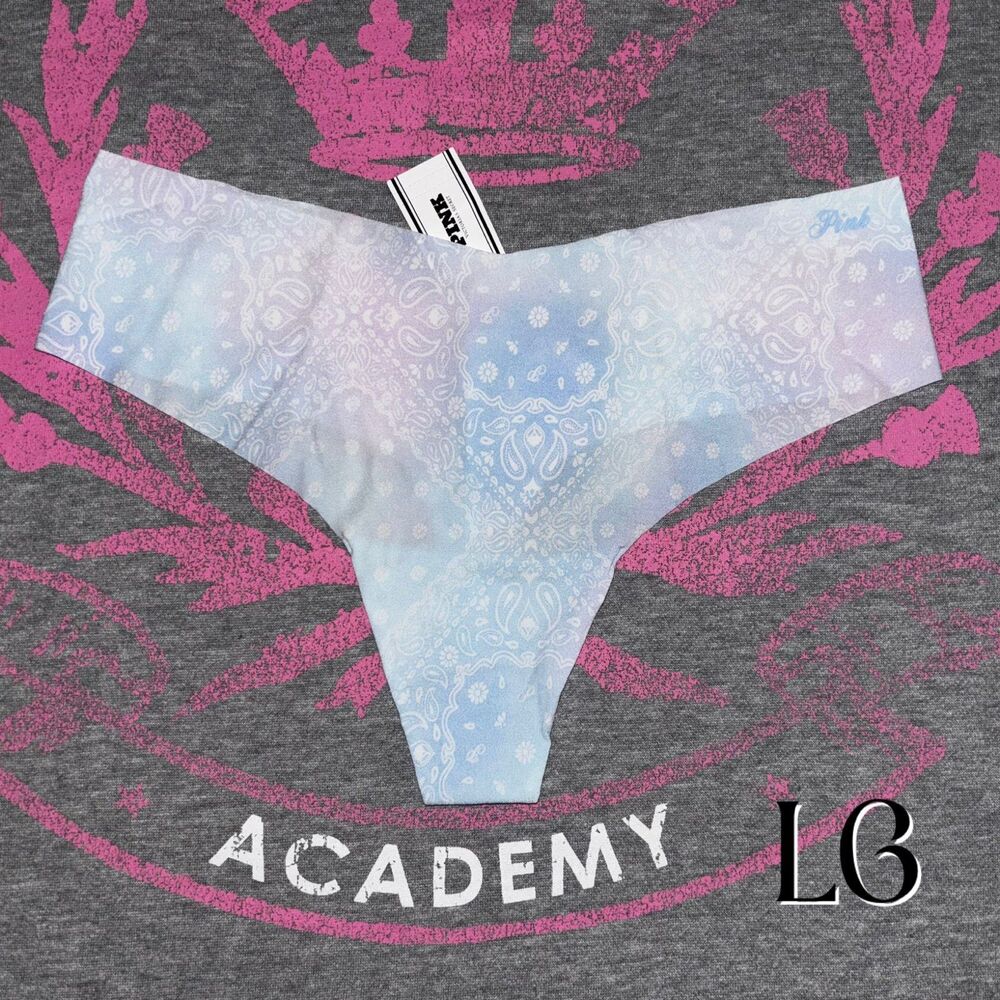 NWT New Victoria’s Secret PINK Blue Bandana No Show Seamless Thong Panty LG